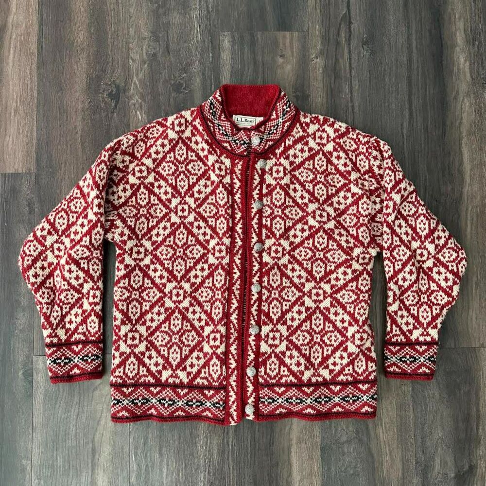 Vtg L.L. Bean Nordic Wool Blend Cardigan Button Up Red White Sweater Sz Medium - Picture 10 of 10
